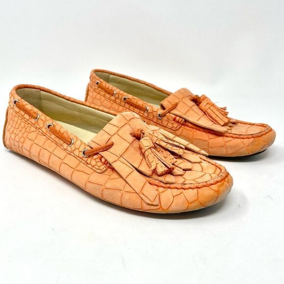 BOEMOS Orange Nubuck Croc Embossed Tassel Loafer Driving Moccasins Size 37 - Picture 2 of 11